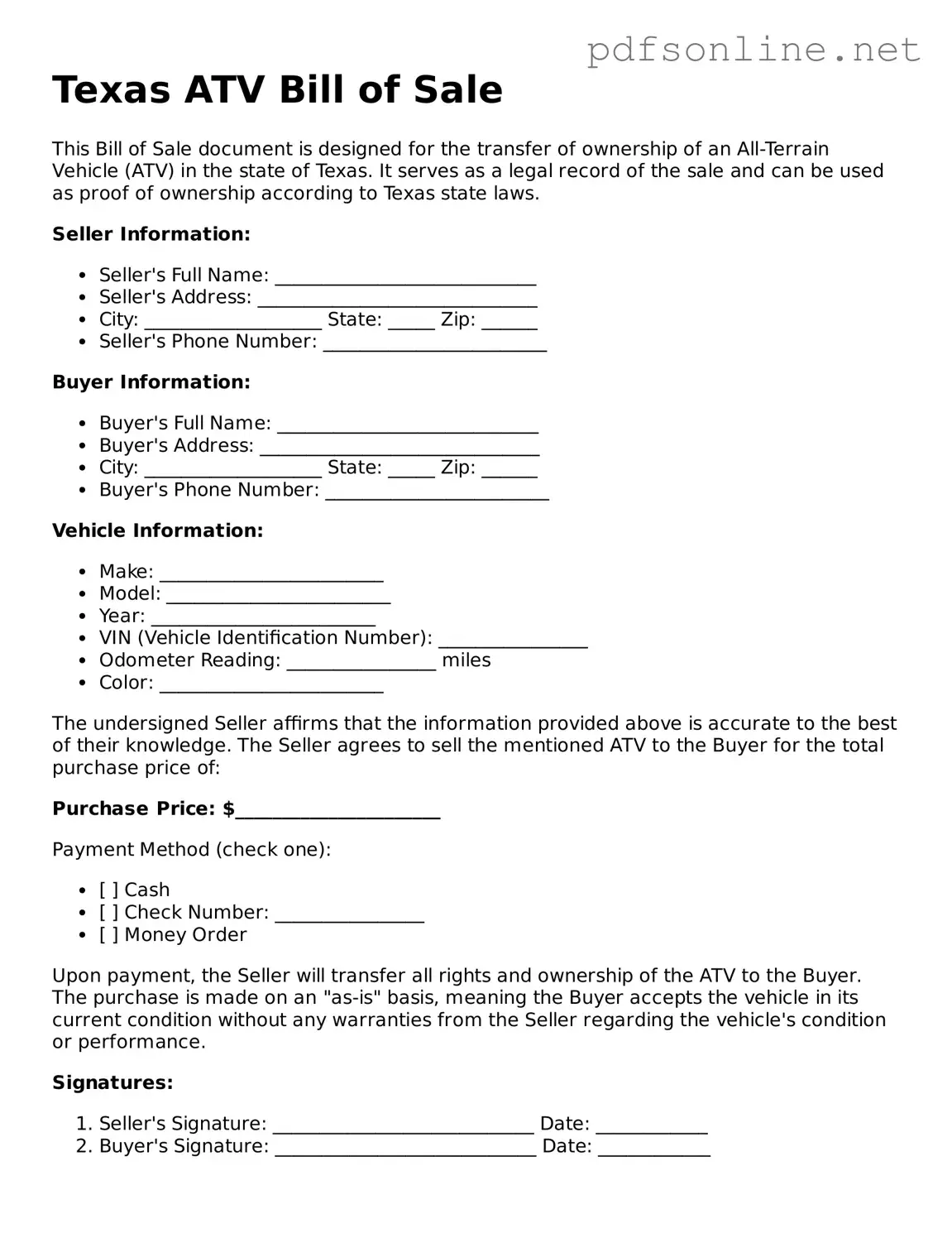 Legal ATV Bill of Sale Template for the State of Texas