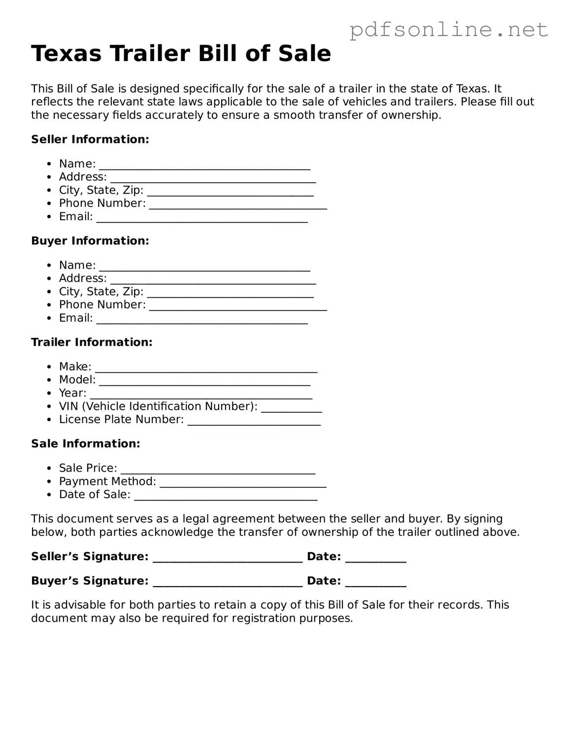 Legal Trailer Bill of Sale Template for the State of Texas