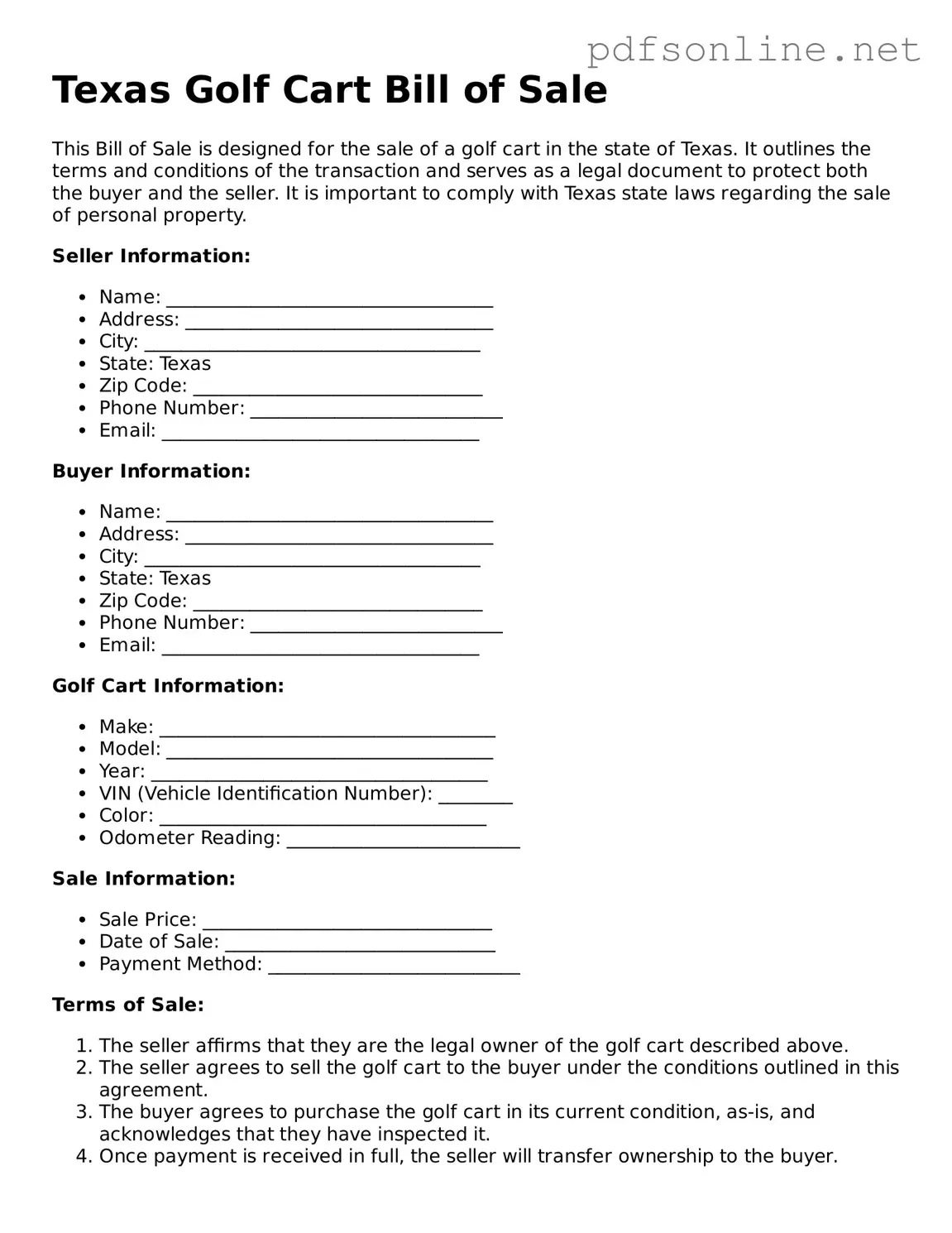 Legal Golf Cart Bill of Sale Template for the State of Texas