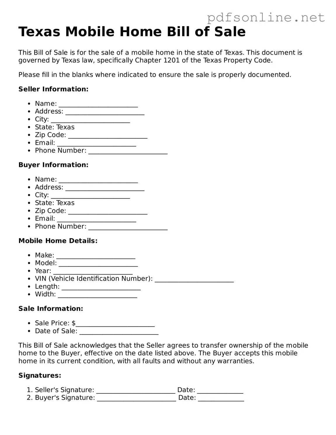 Legal Mobile Home Bill of Sale Template for the State of Texas