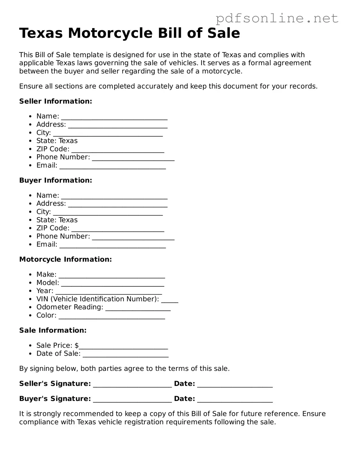 Legal Motorcycle Bill of Sale Template for the State of Texas