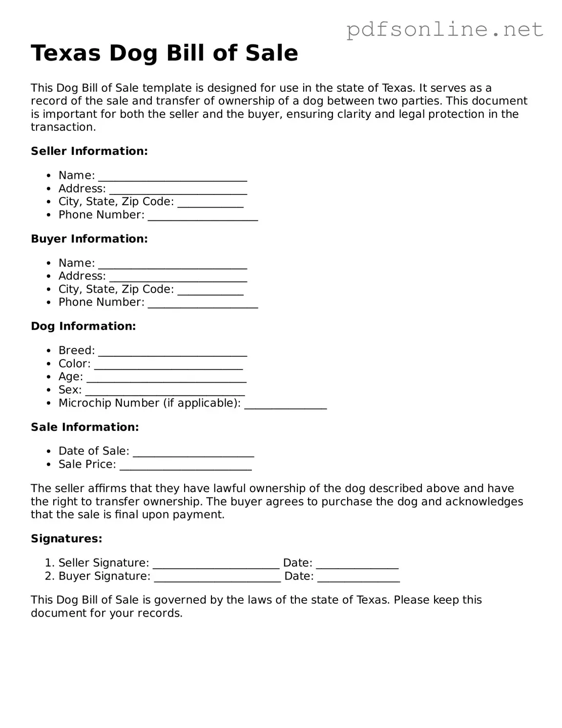 Legal Dog Bill of Sale Template for the State of Texas