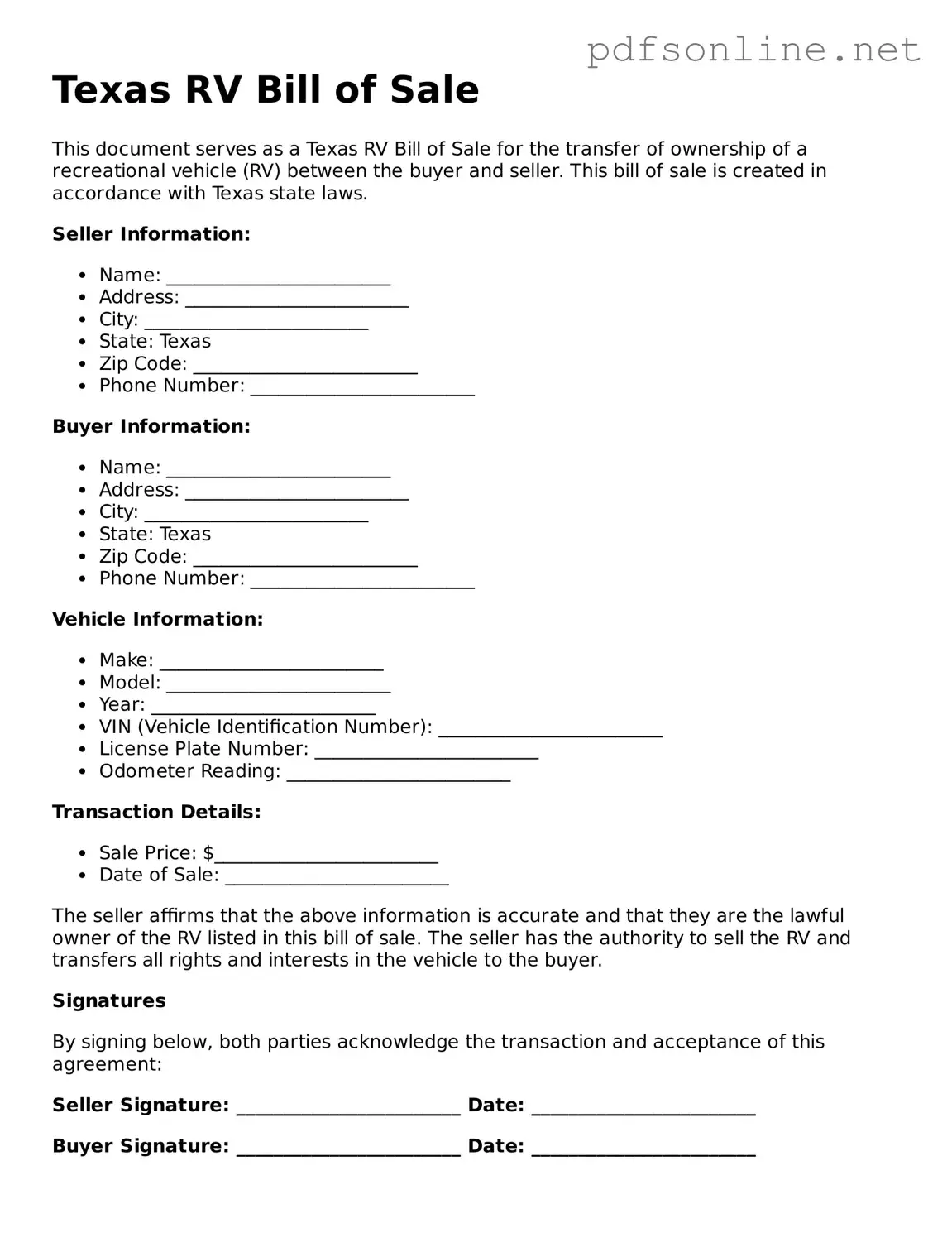 Legal RV Bill of Sale Template for the State of Texas