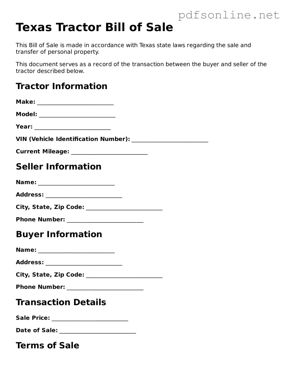 Legal Tractor Bill of Sale Template for the State of Texas