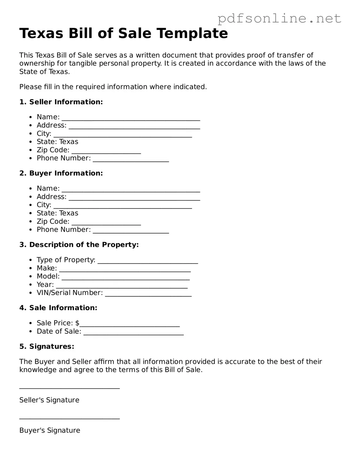 Legal Bill of Sale Template for the State of Texas