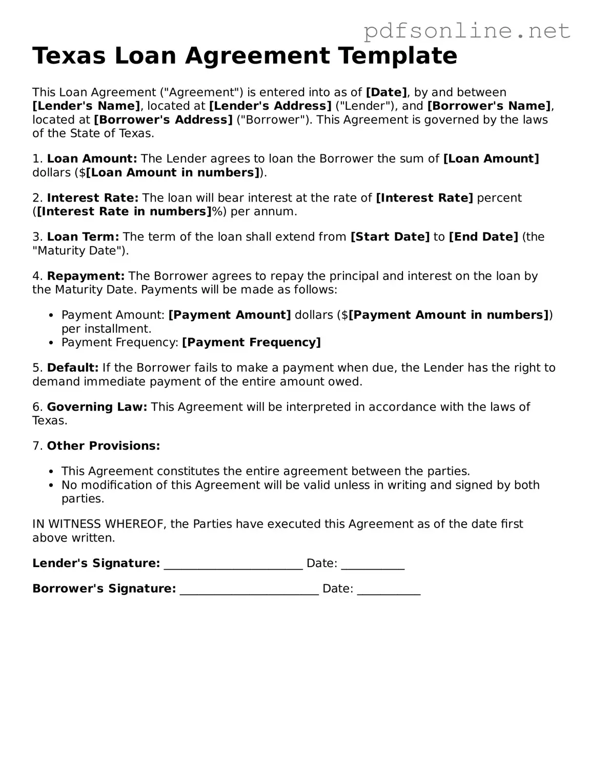 Legal Loan Agreement Template for the State of Texas