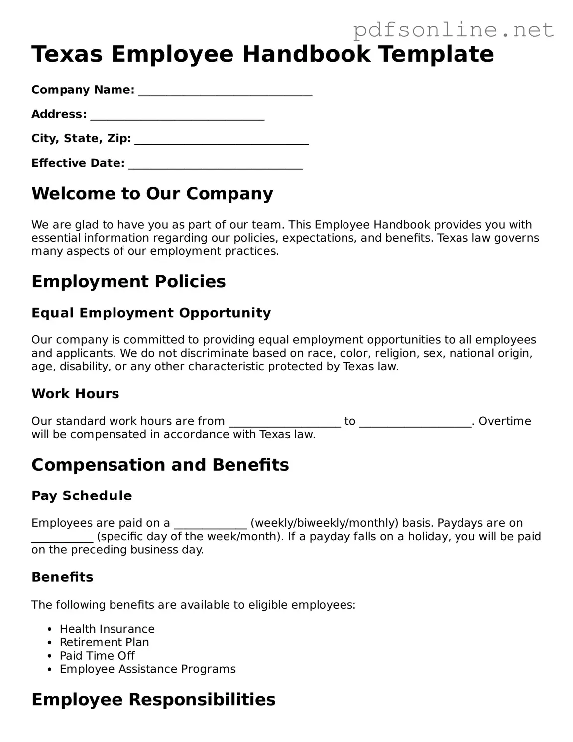 Legal Employee Handbook Template for the State of Texas