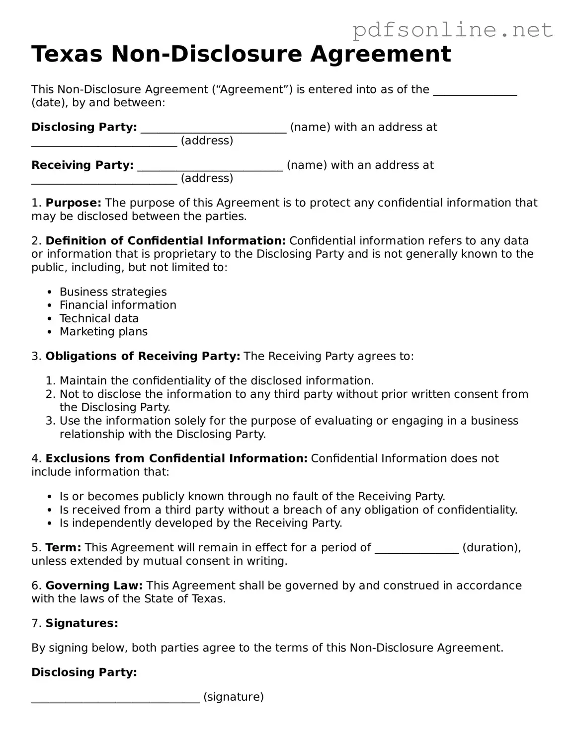 Legal Non-disclosure Agreement Template for the State of Texas