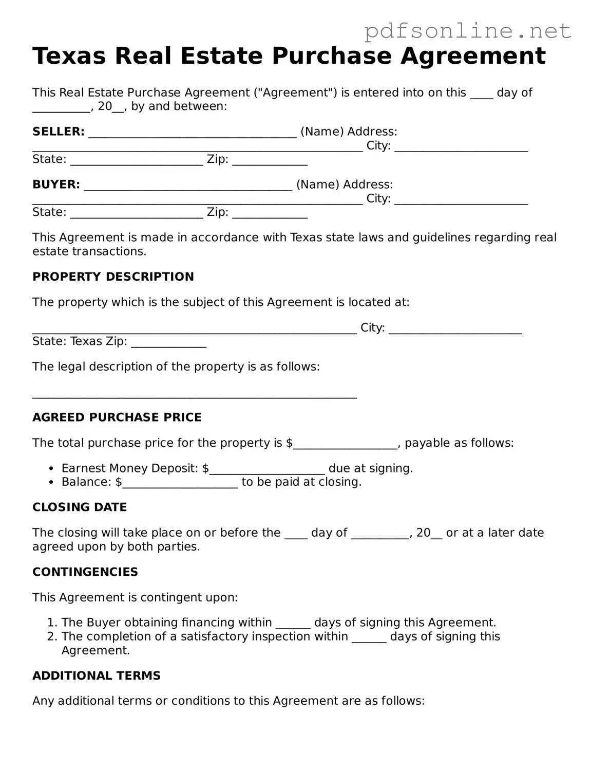 Legal Real Estate Purchase Agreement Template for the State of Texas