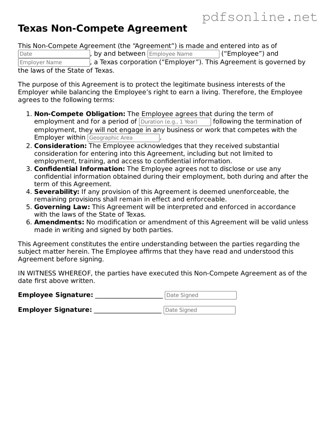 Legal Non-compete Agreement Template for the State of Texas