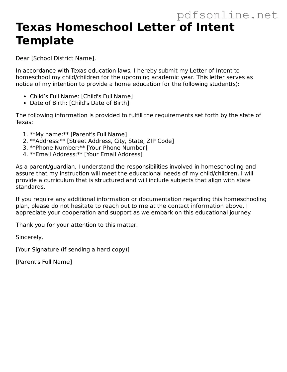 Legal Homeschool Letter of Intent Template for the State of Texas