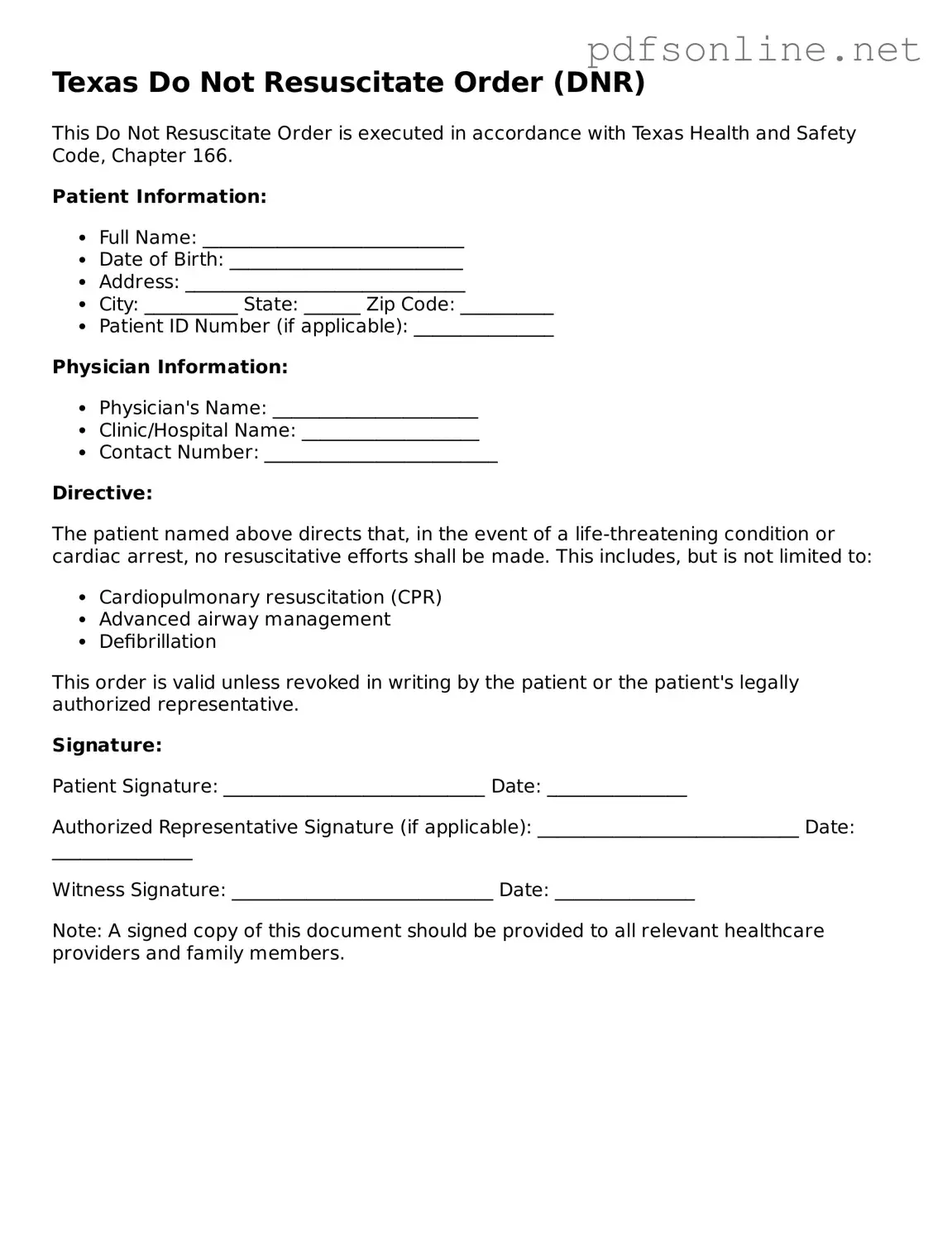 Legal Do Not Resuscitate Order Template for the State of Texas