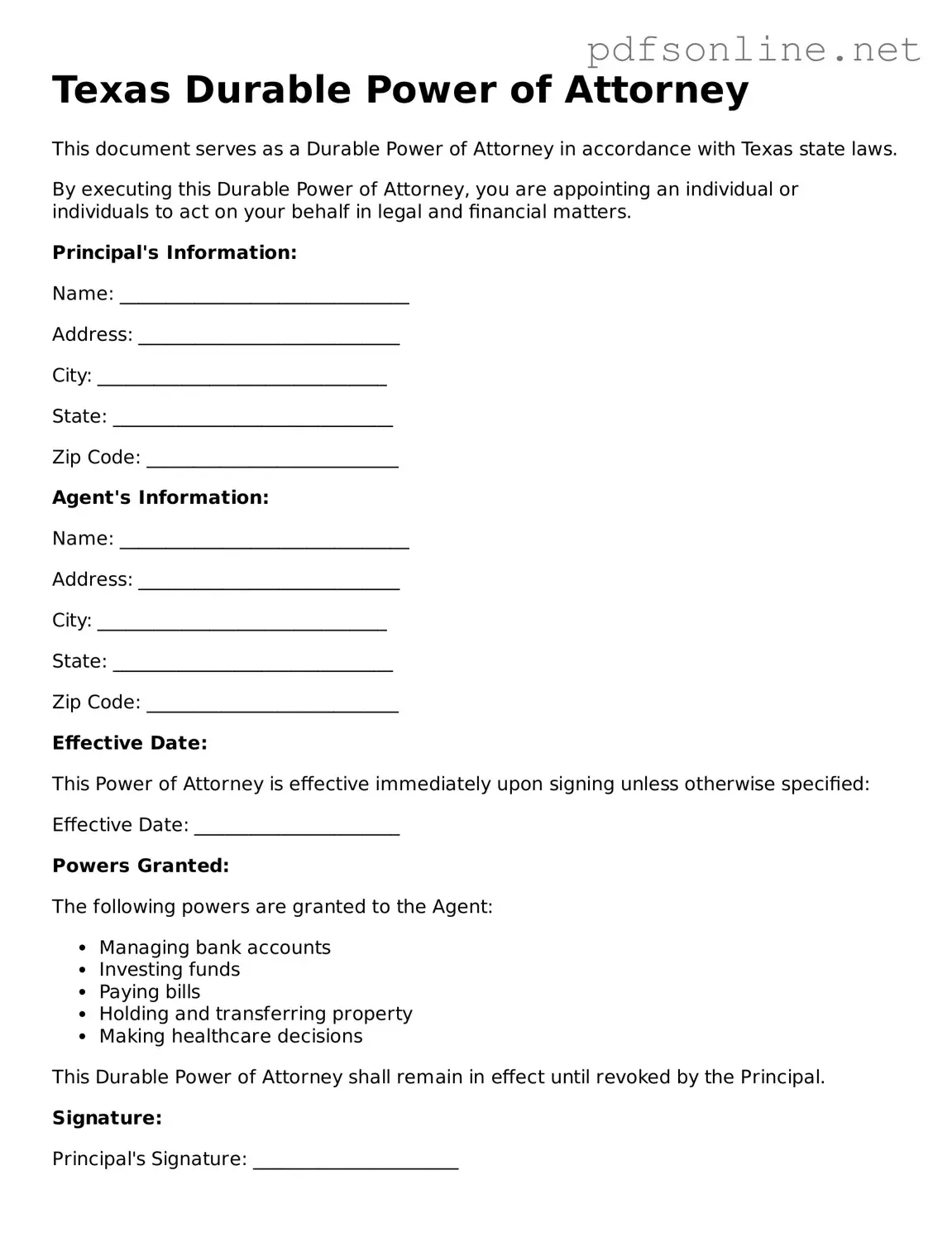 Legal Durable Power of Attorney Template for the State of Texas