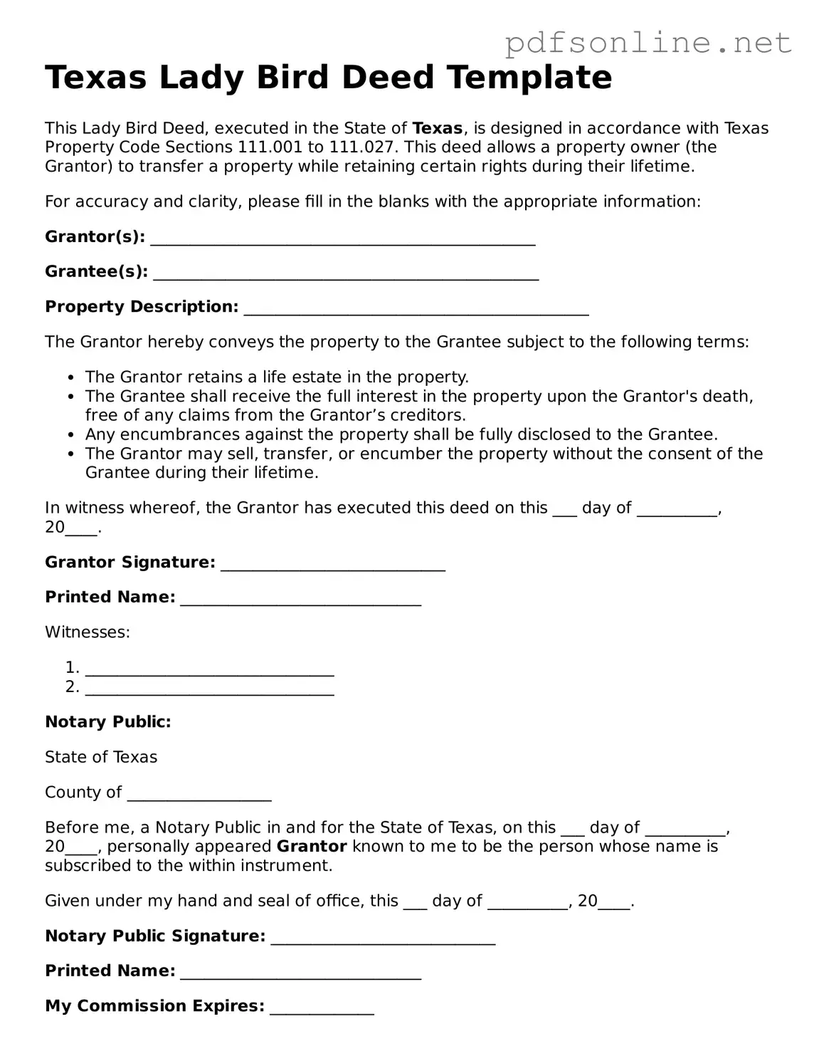 Legal Lady Bird Deed Template for the State of Texas