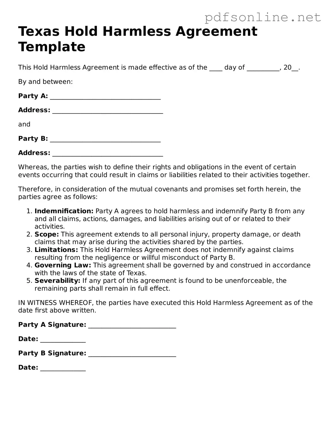 Legal Hold Harmless Agreement Template for the State of Texas
