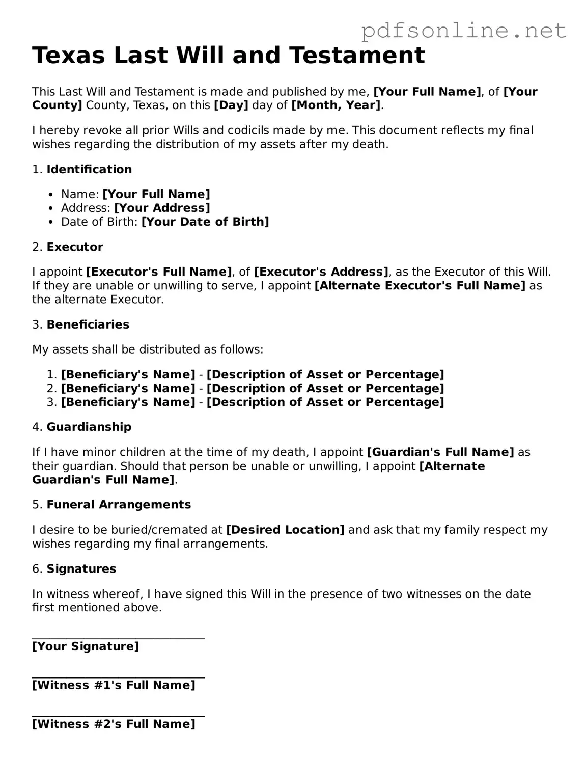 Legal Last Will and Testament Template for the State of Texas