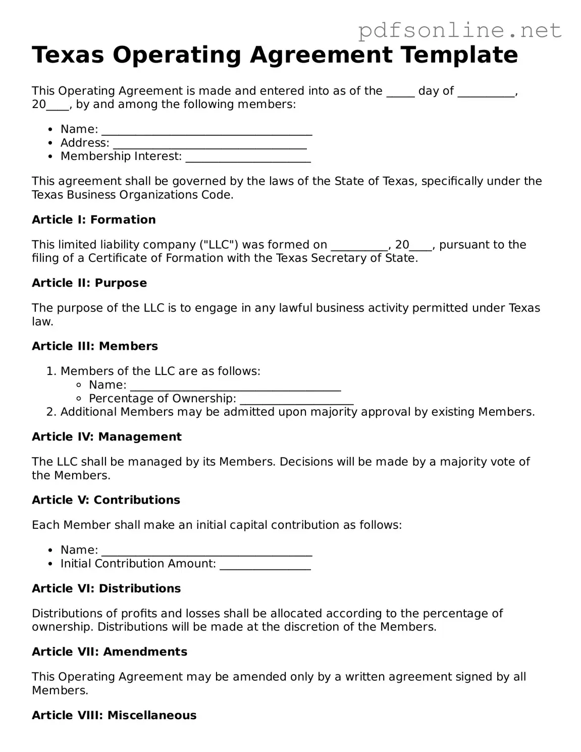 Legal Operating Agreement Template for the State of Texas