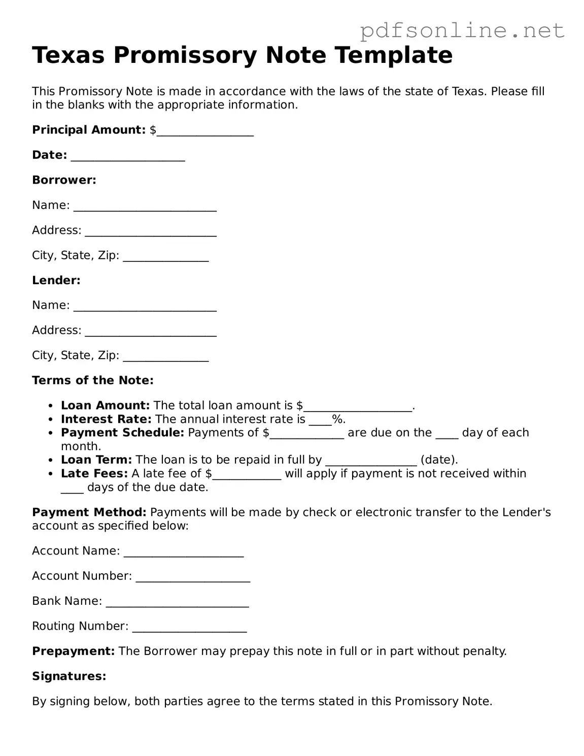 Legal Promissory Note Template for the State of Texas