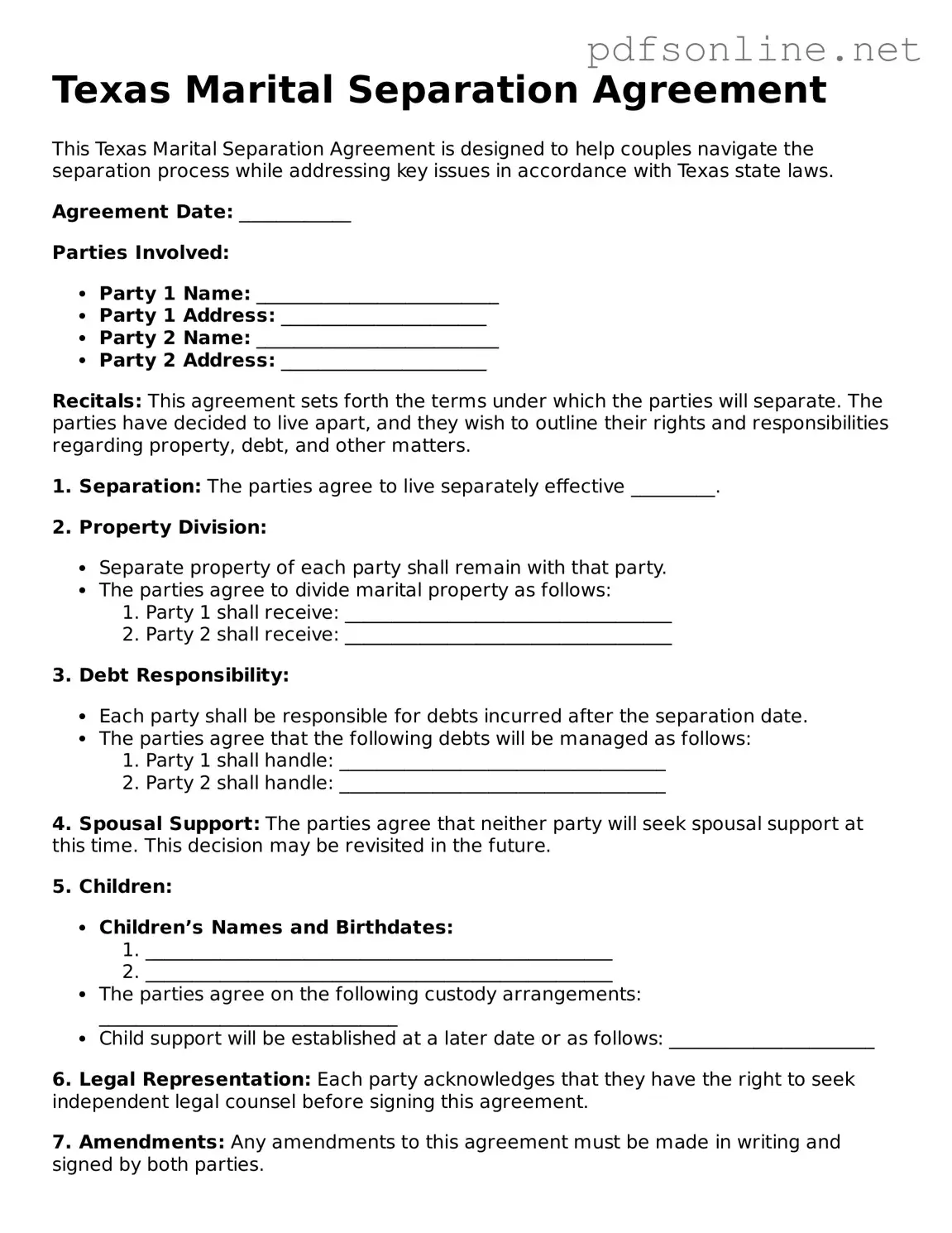 Legal Marital Separation Agreement Template for the State of Texas