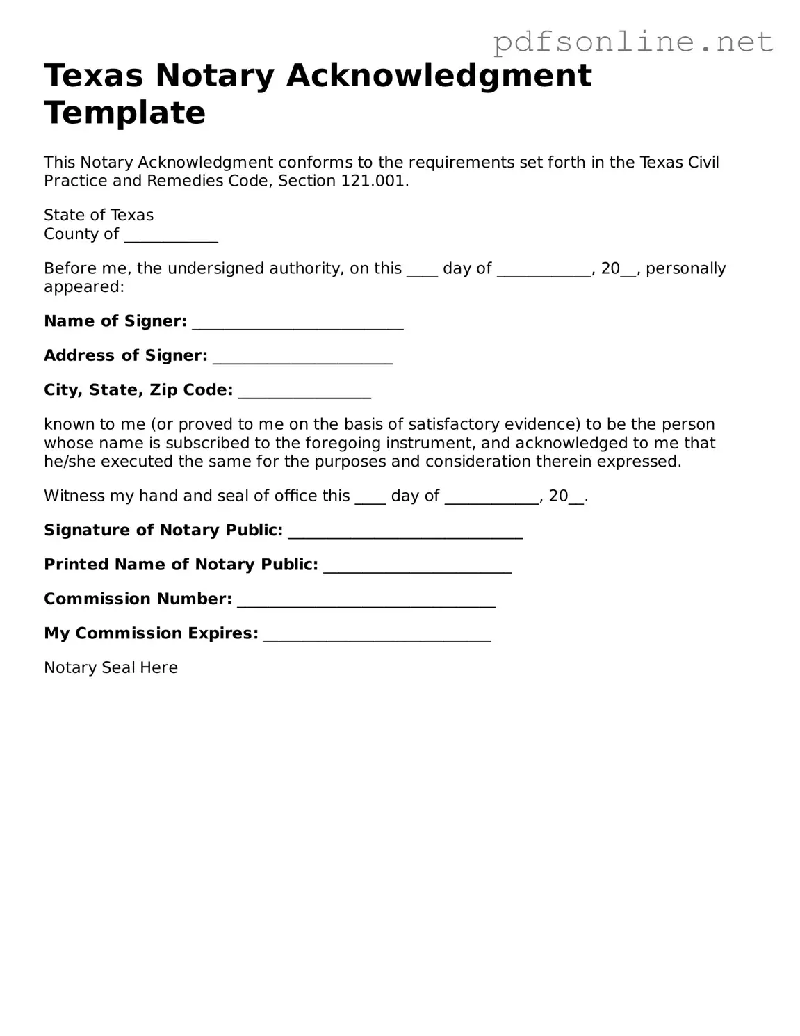 Legal Notary Acknowledgement Template for the State of Texas