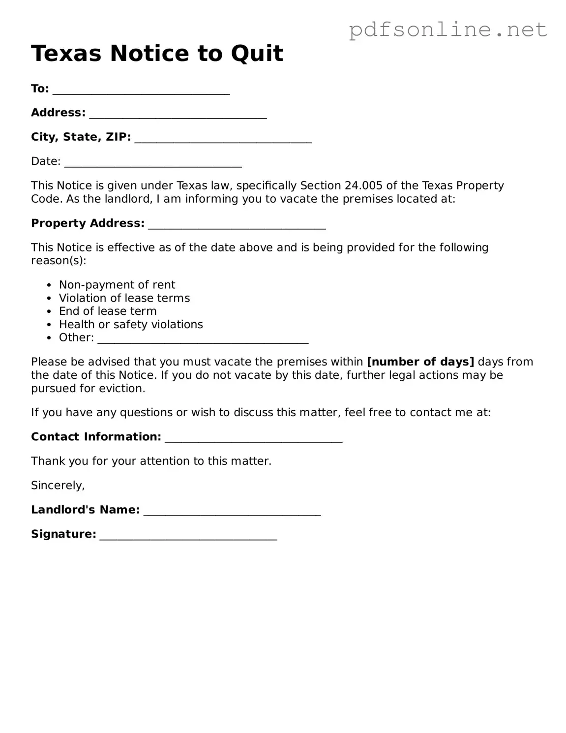 Legal Notice to Quit Template for the State of Texas