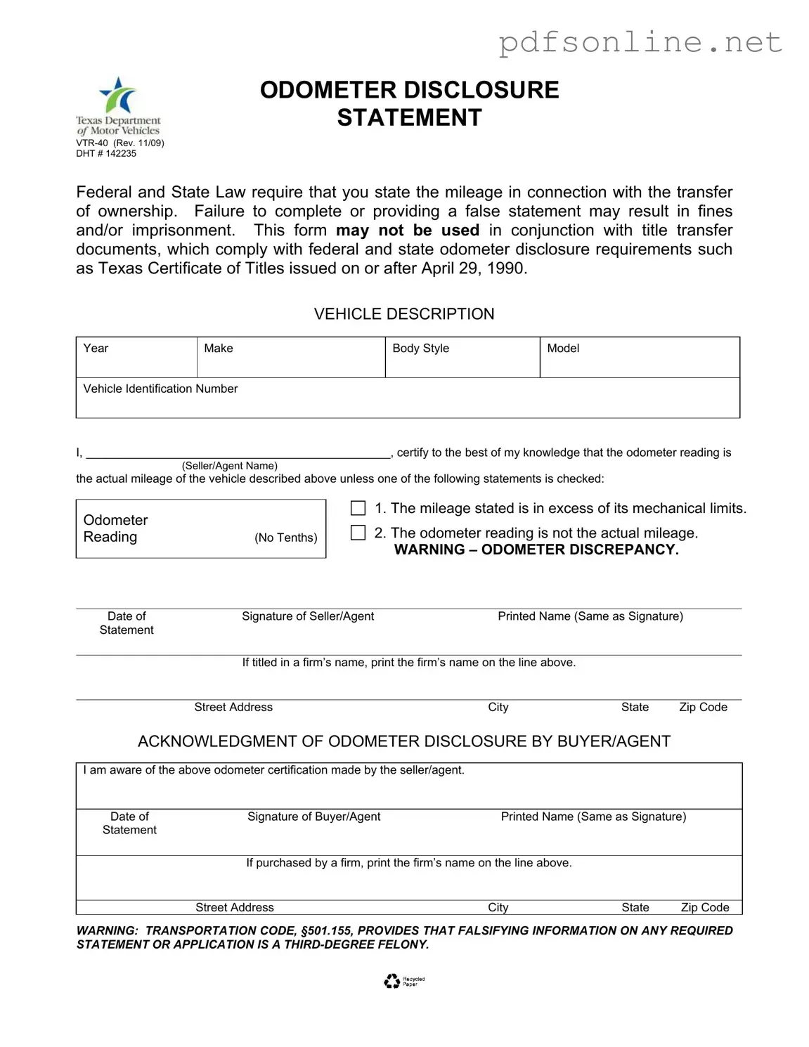 Free Texas Odometer Statement PDF Form