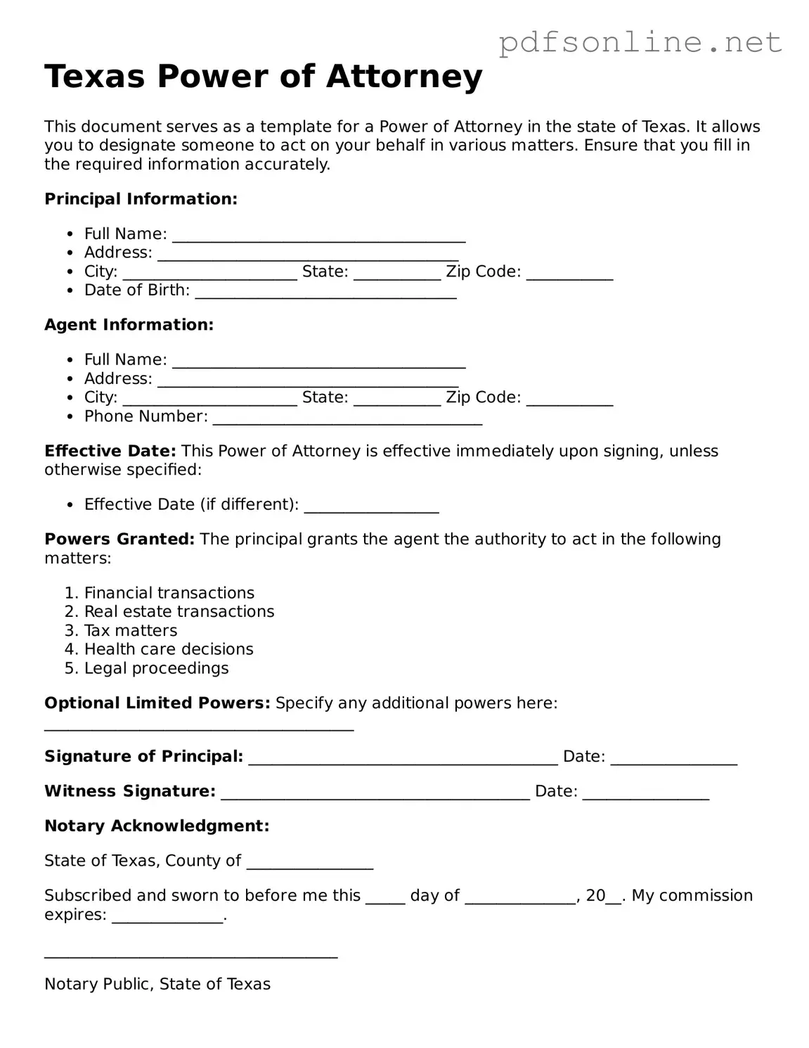 Legal Power of Attorney Template for the State of Texas