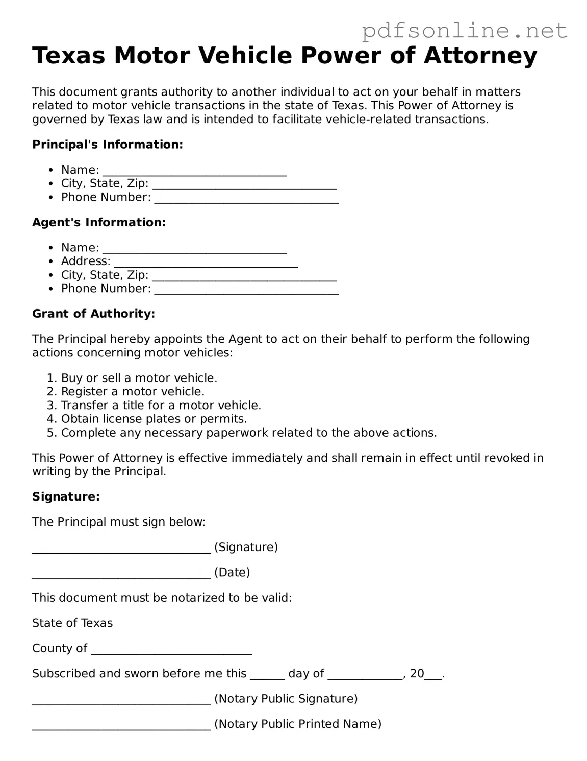 Legal Motor Vehicle Power of Attorney Template for the State of Texas