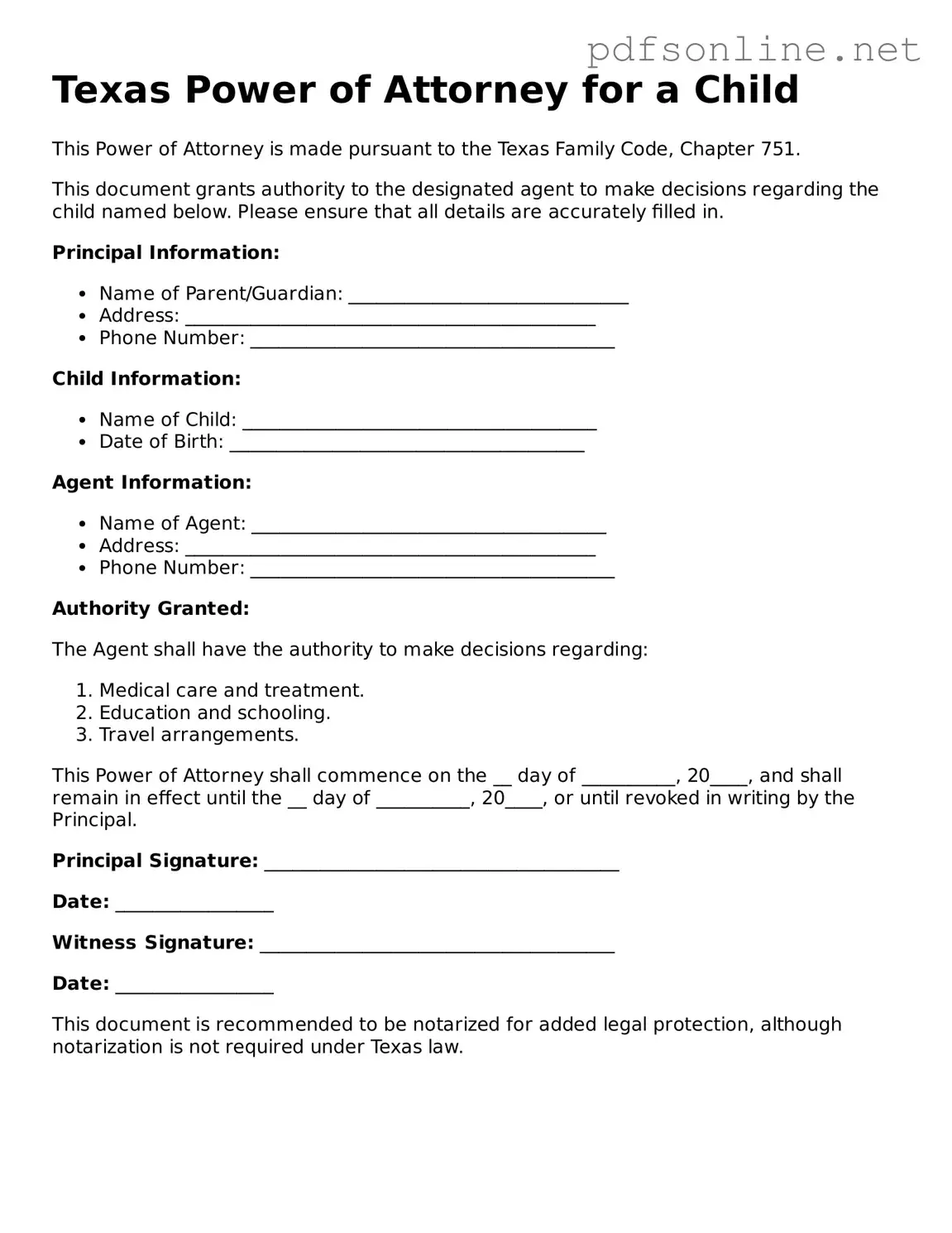 Legal Power of Attorney for a Child Template for the State of Texas
