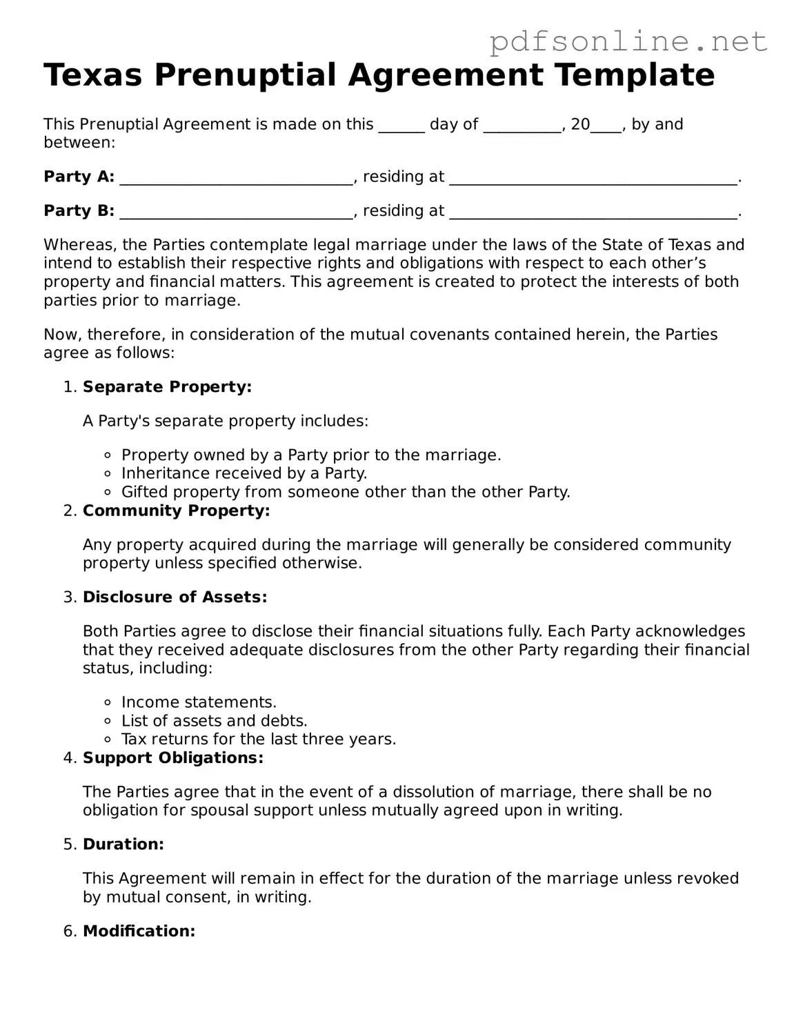 Legal Prenuptial Agreement Template for the State of Texas