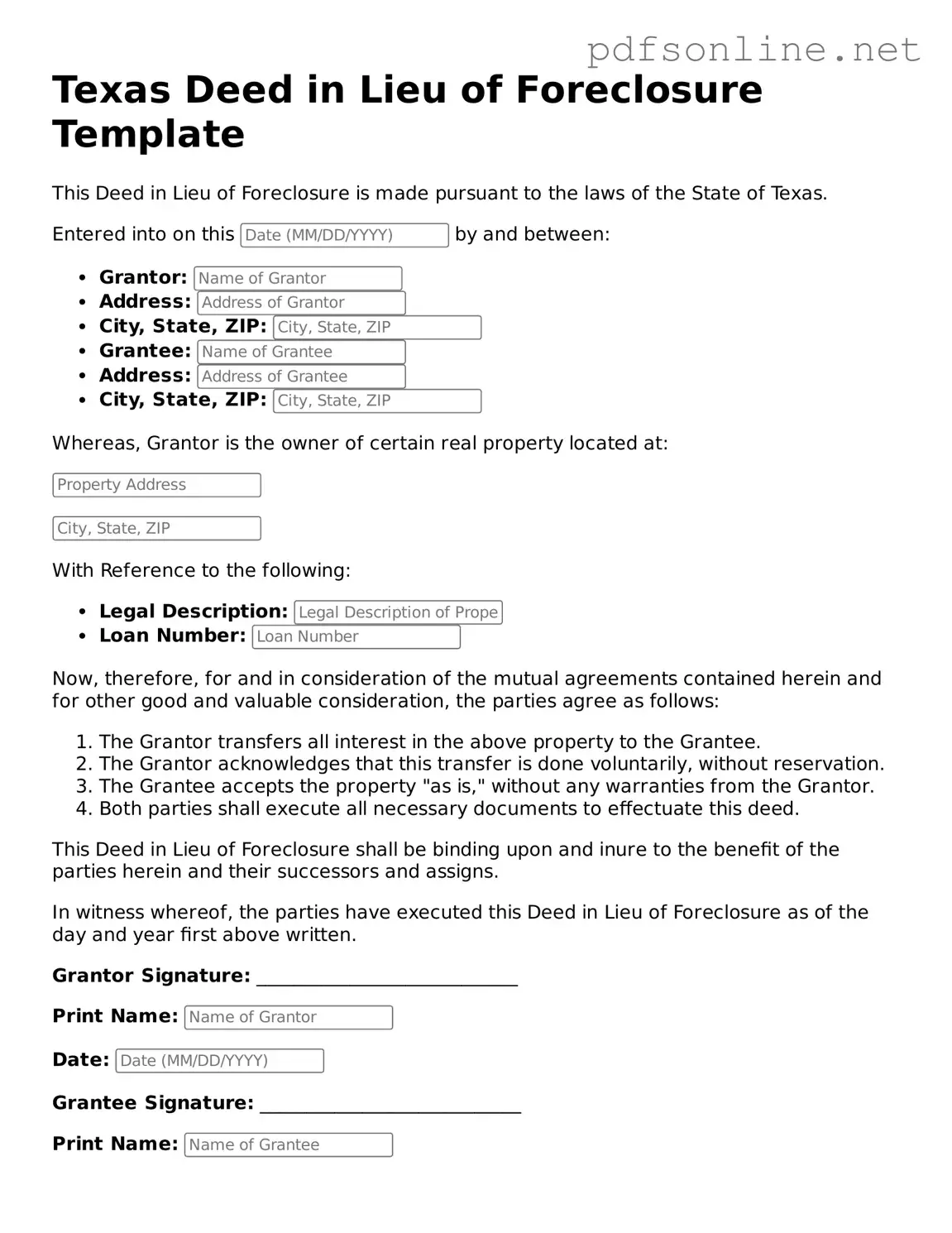 Legal Deed in Lieu of Foreclosure Template for the State of Texas