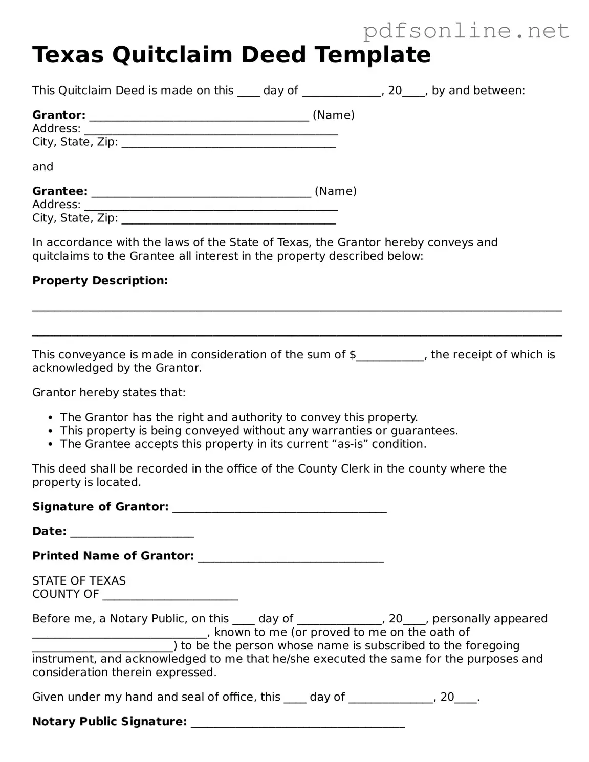 Legal Quitclaim Deed Template for the State of Texas
