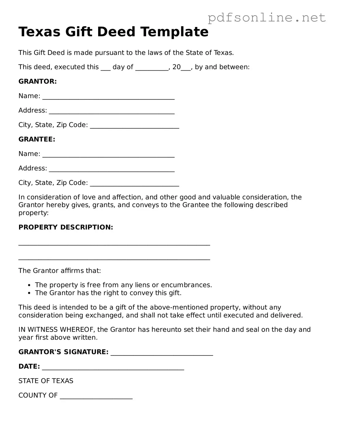 Legal Gift Deed Template for the State of Texas