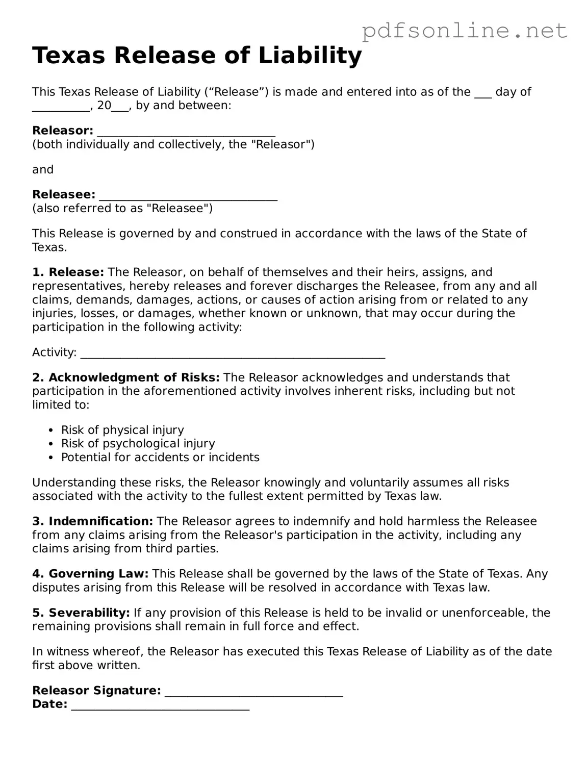 Legal Release of Liability Template for the State of Texas