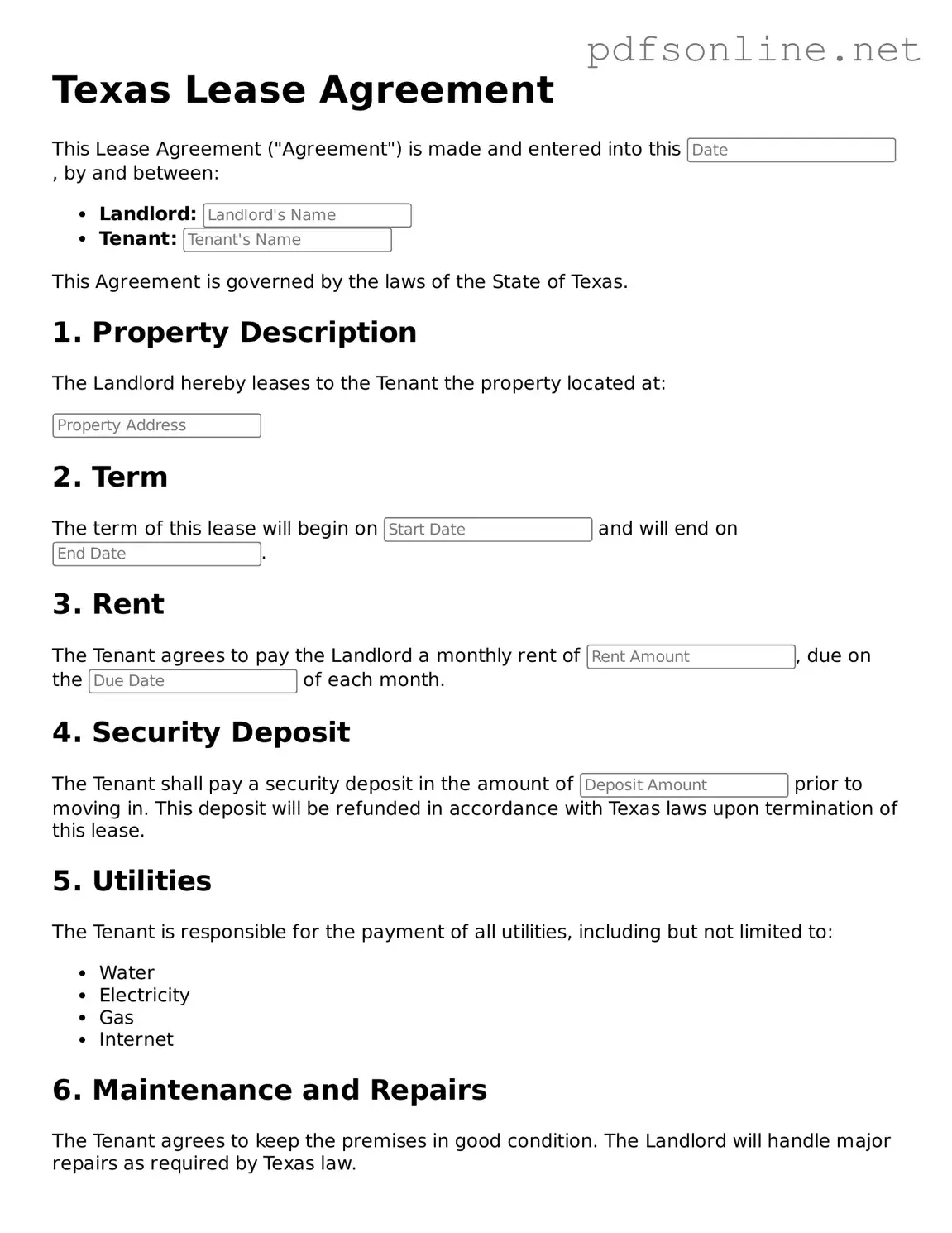 Legal Lease Agreement Template for the State of Texas