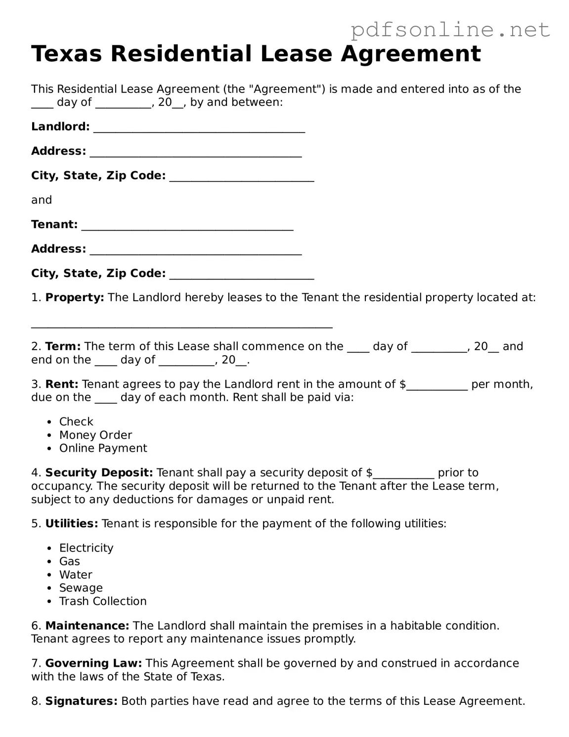 Legal Residential Lease Agreement Template for the State of Texas