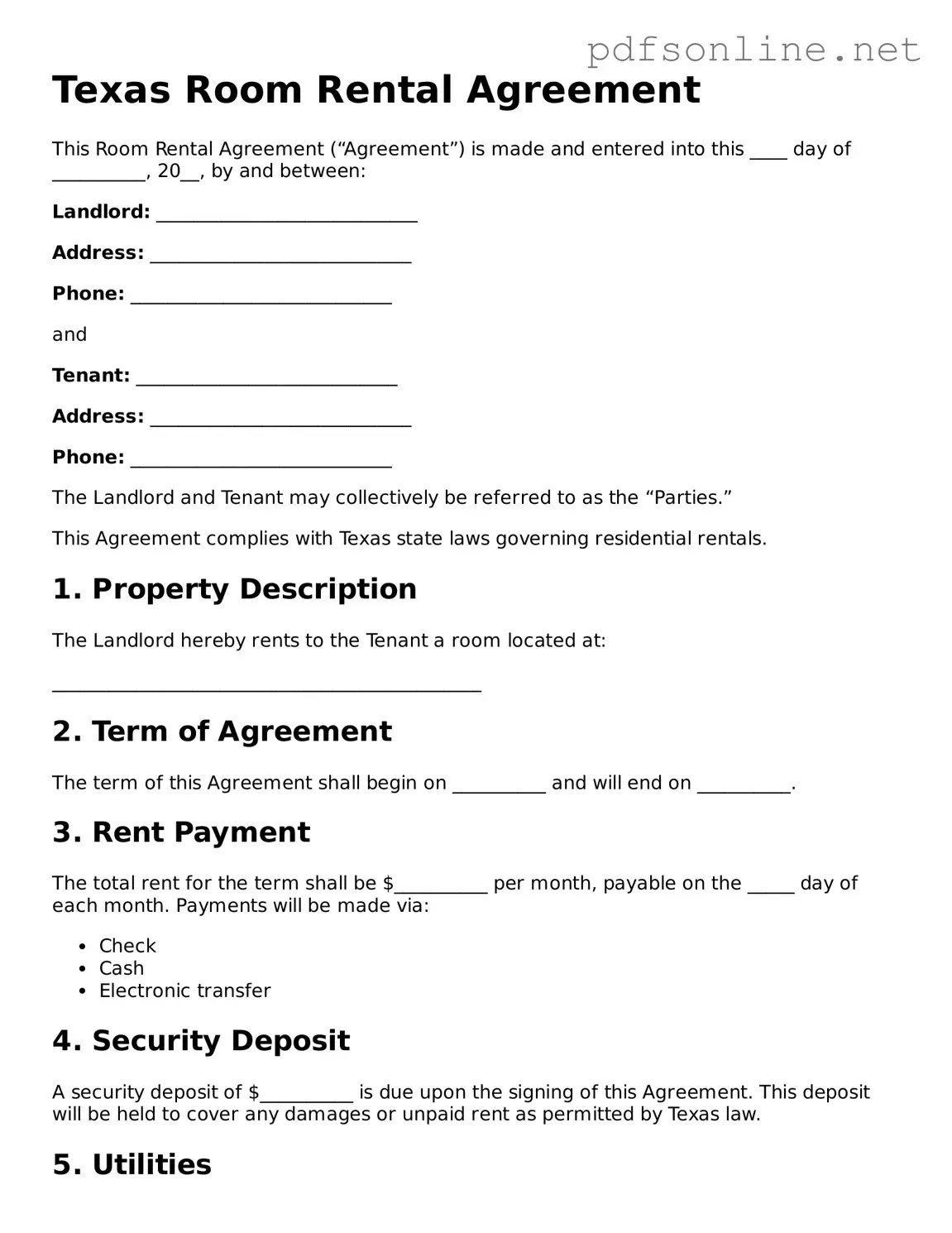 Legal Room Rental Agreement Template for the State of Texas