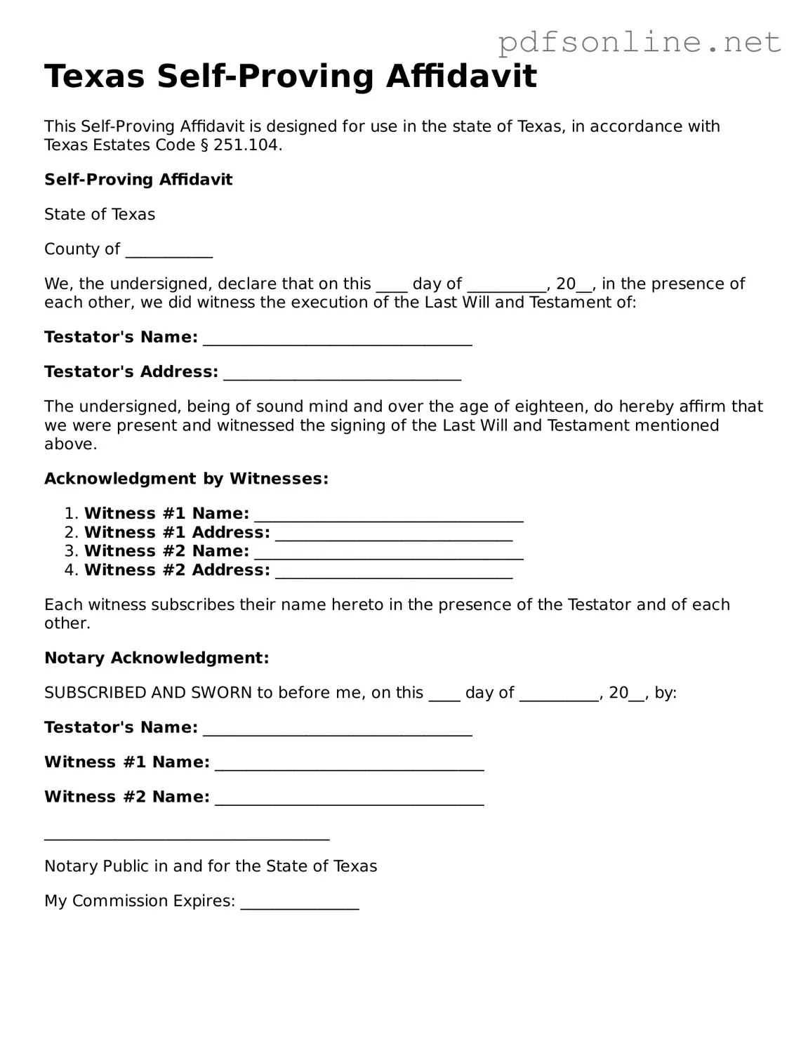 Legal Self-Proving Affidavit Template for the State of Texas