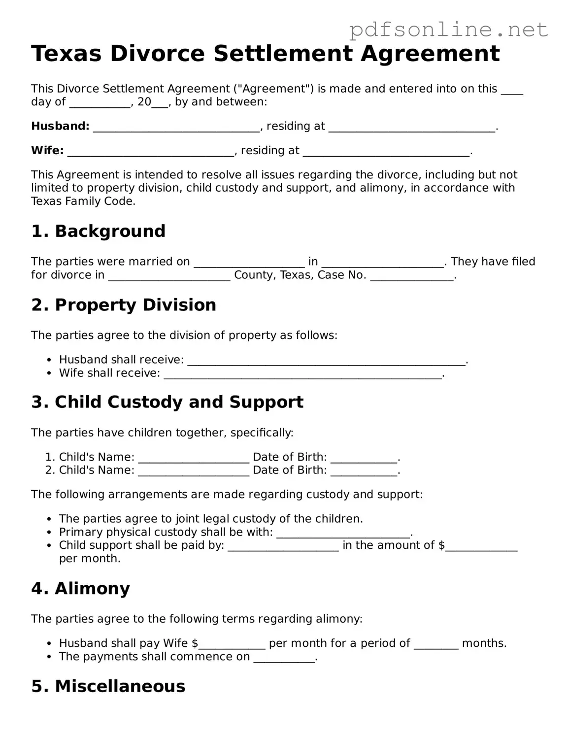 Legal Divorce Settlement Agreement Template for the State of Texas