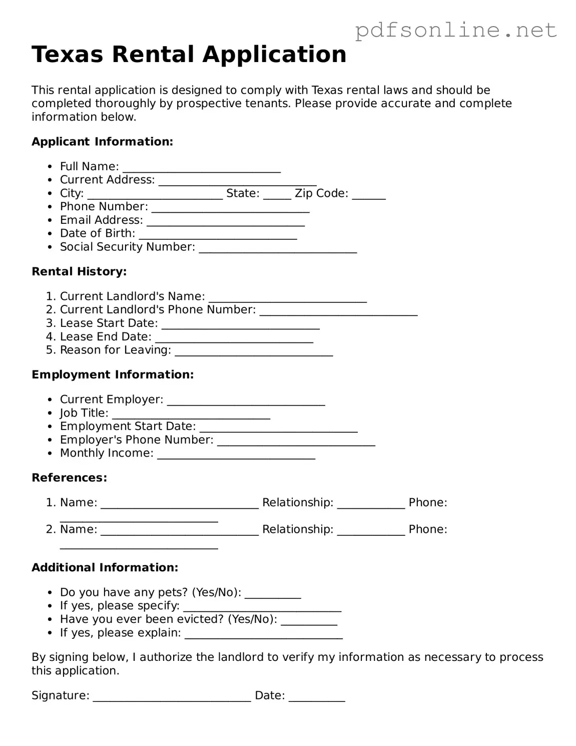 Legal Rental Application Template for the State of Texas