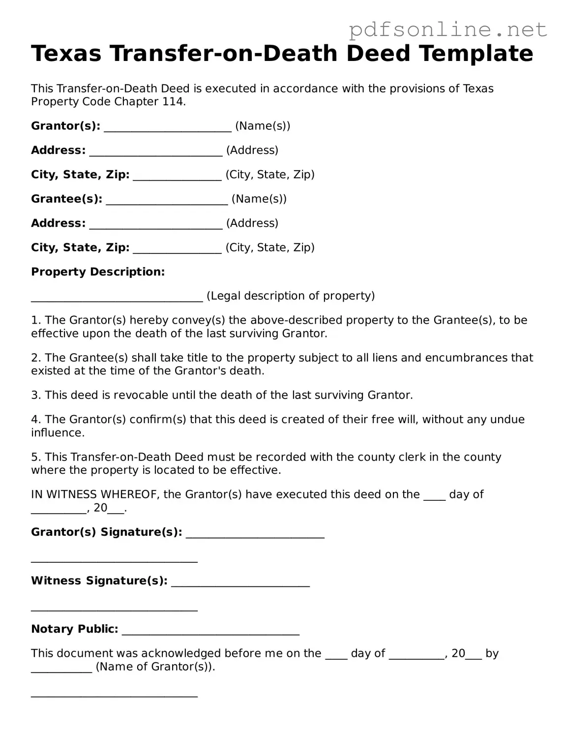 Legal Transfer-on-Death Deed Template for the State of Texas