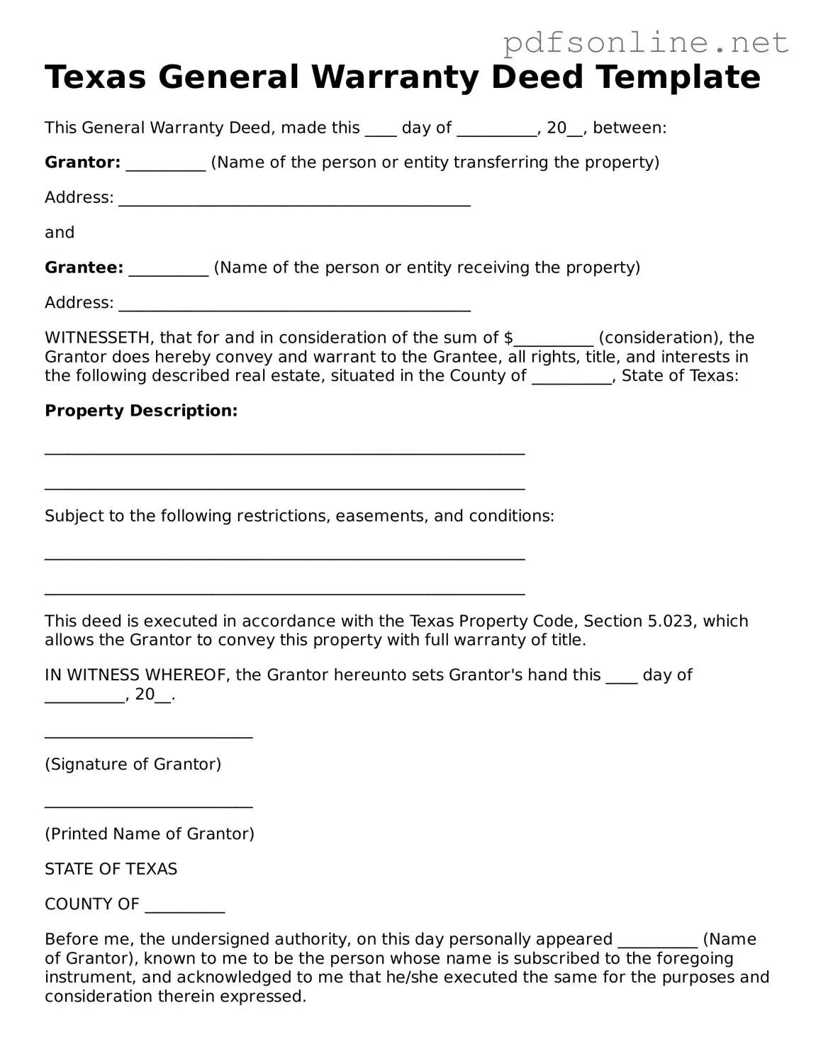 Legal Deed Template for the State of Texas