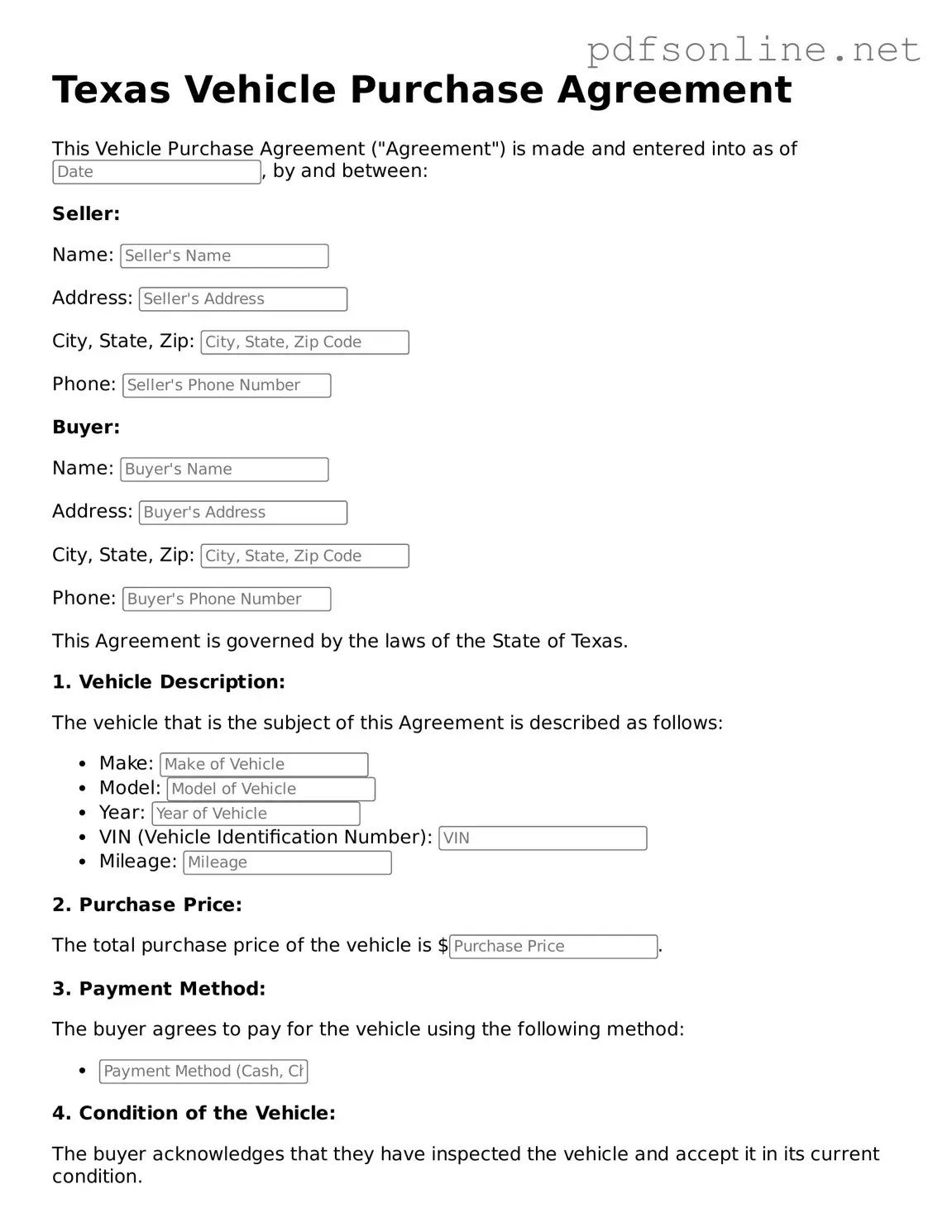 Legal Vehicle Purchase Agreement Template for the State of Texas