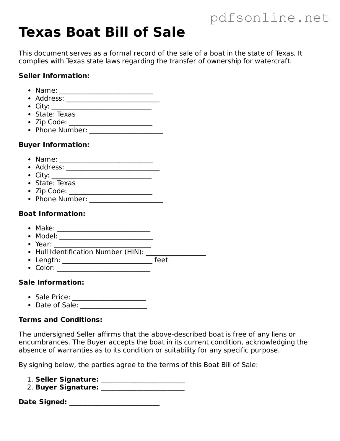 Legal Boat Bill of Sale Template for the State of Texas