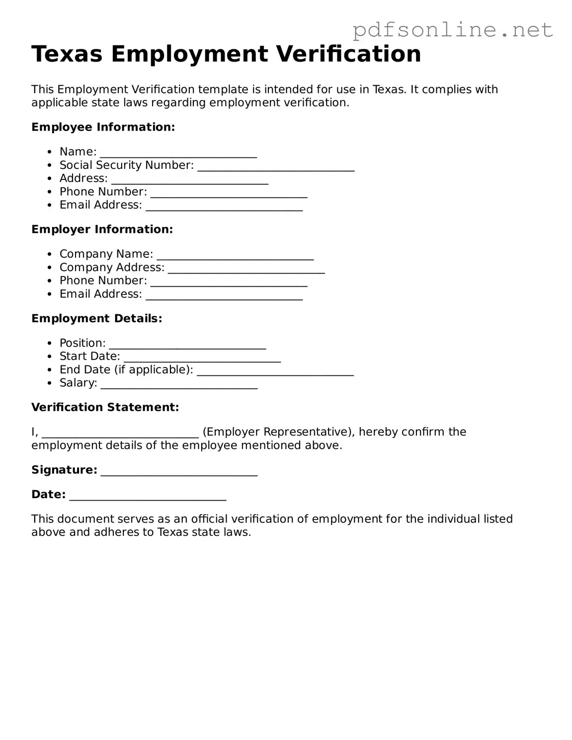 Legal Employment Verification Template for the State of Texas