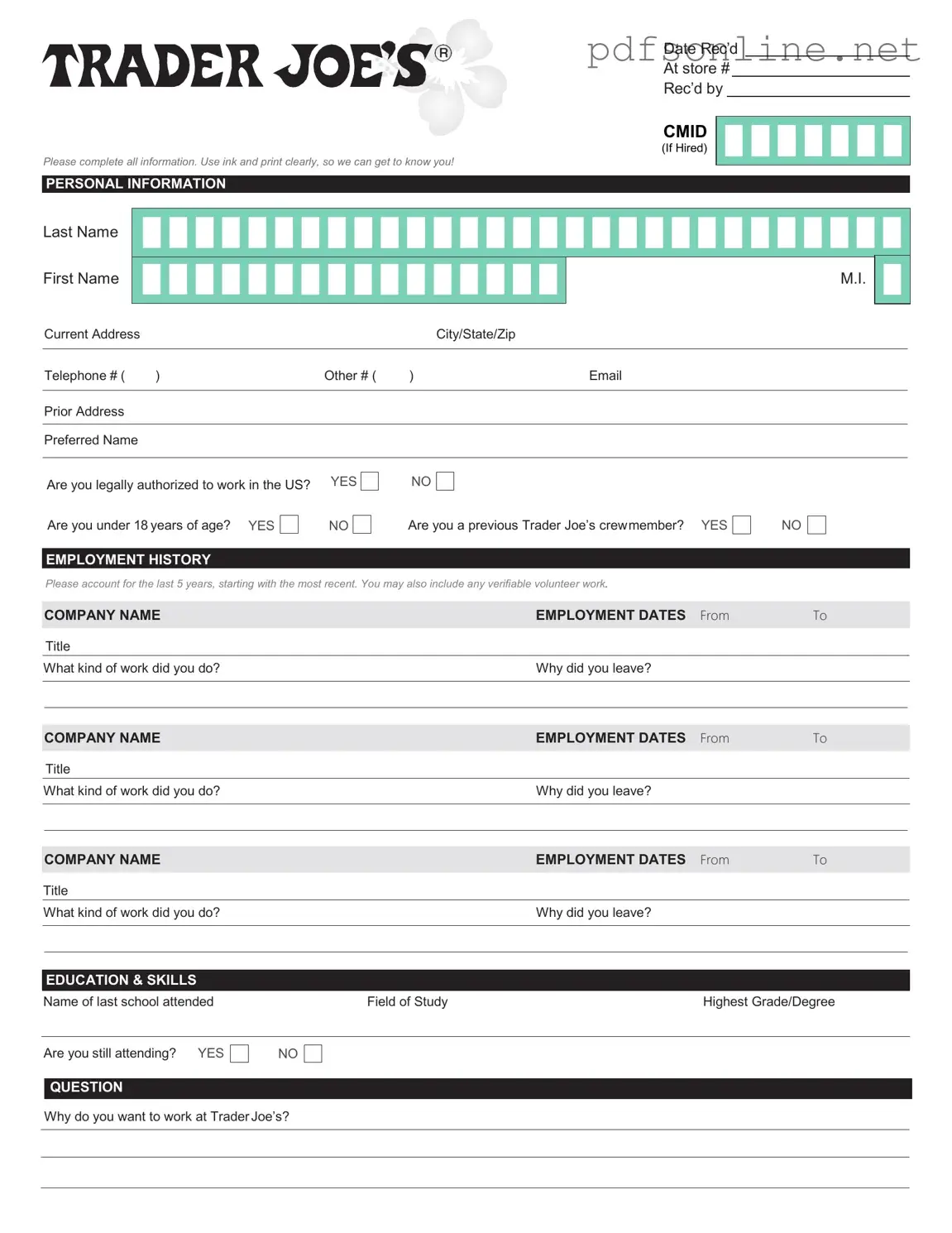 Free Trader Joe's application PDF Form