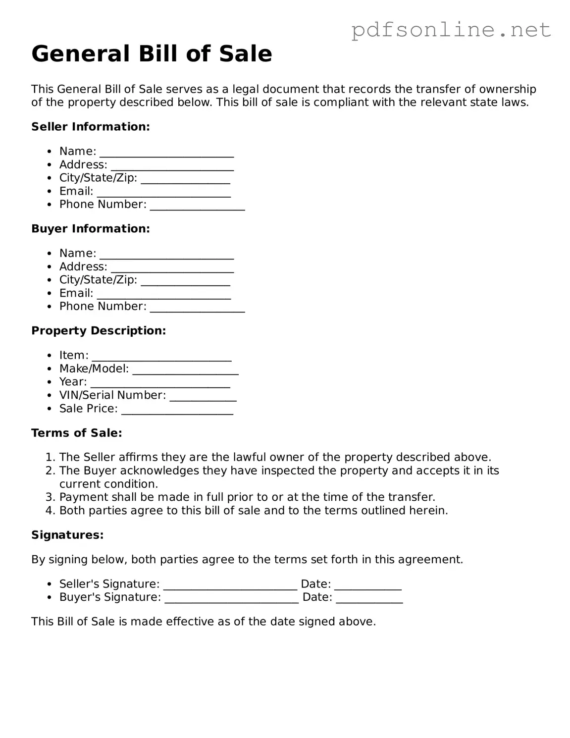 Attorney-Approved General Bill of Sale Form