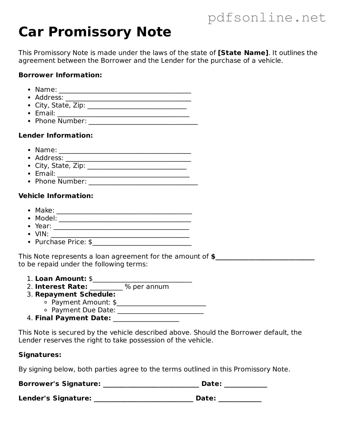 Attorney-Approved Promissory Note for a Car Form
